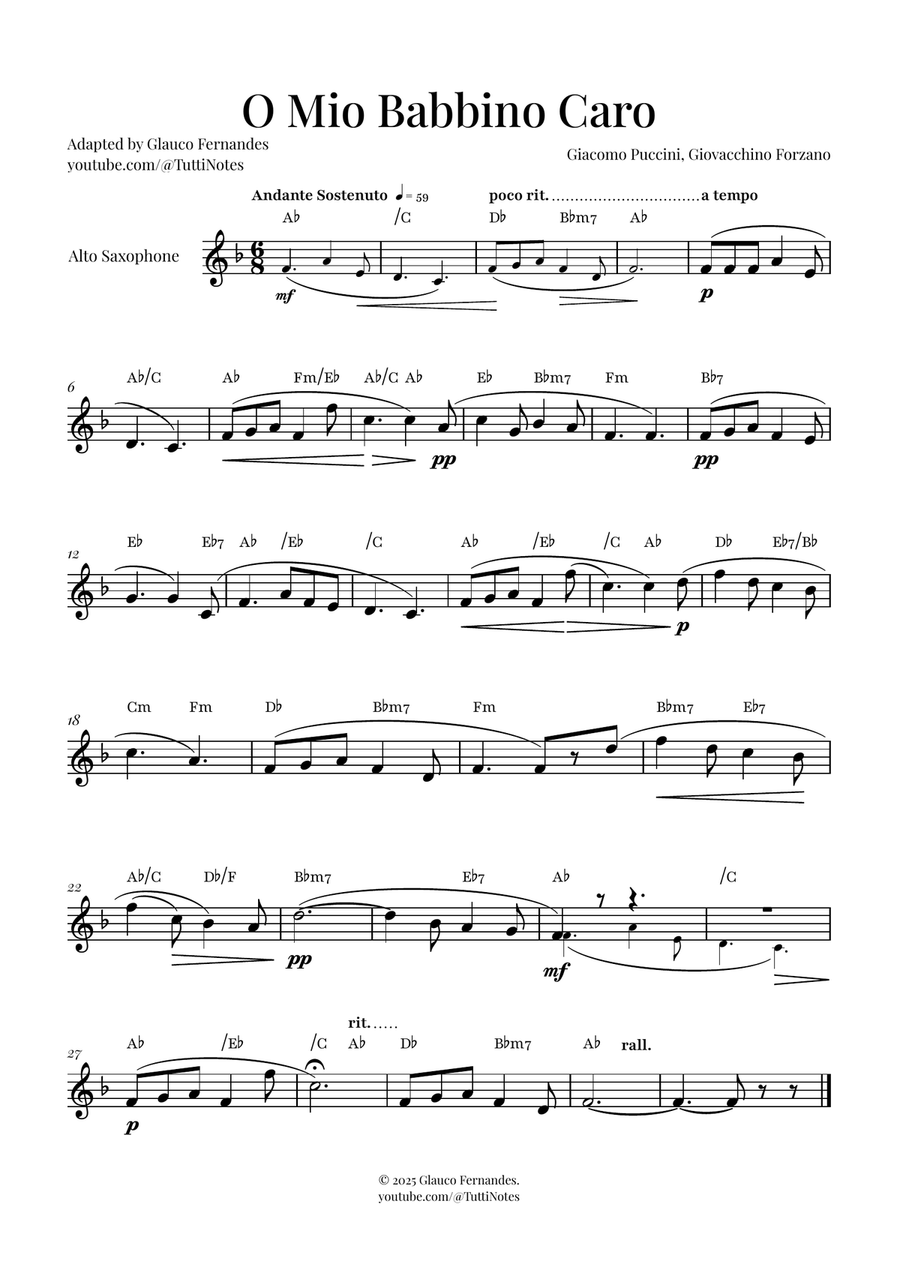 O Mio Babbino Caro | BEAUTIFUL Puccini Aria Alto Saxophone scores gallery preview page 1