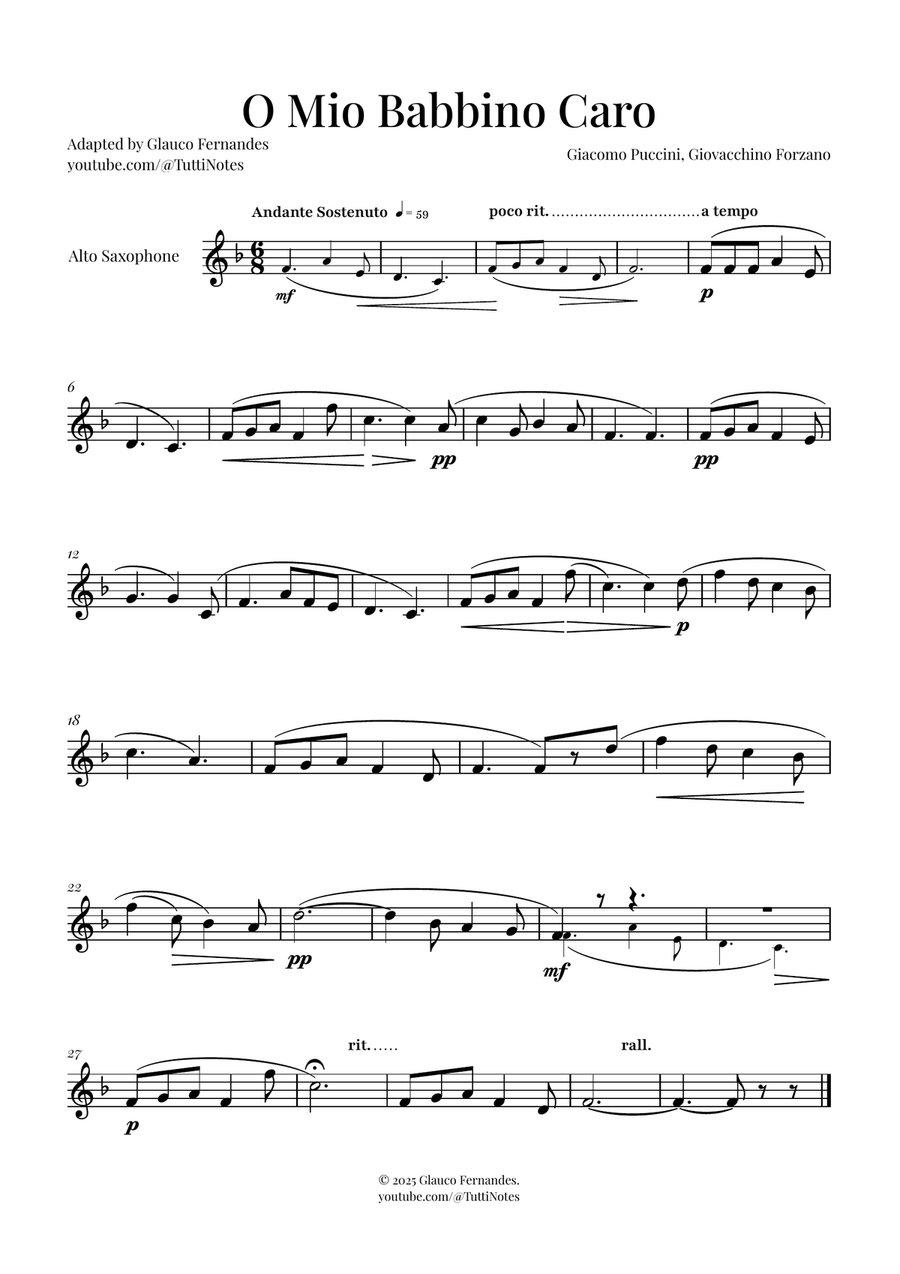 O Mio Babbino Caro | BEAUTIFUL Puccini Aria Alto Saxophone scores gallery preview page 1