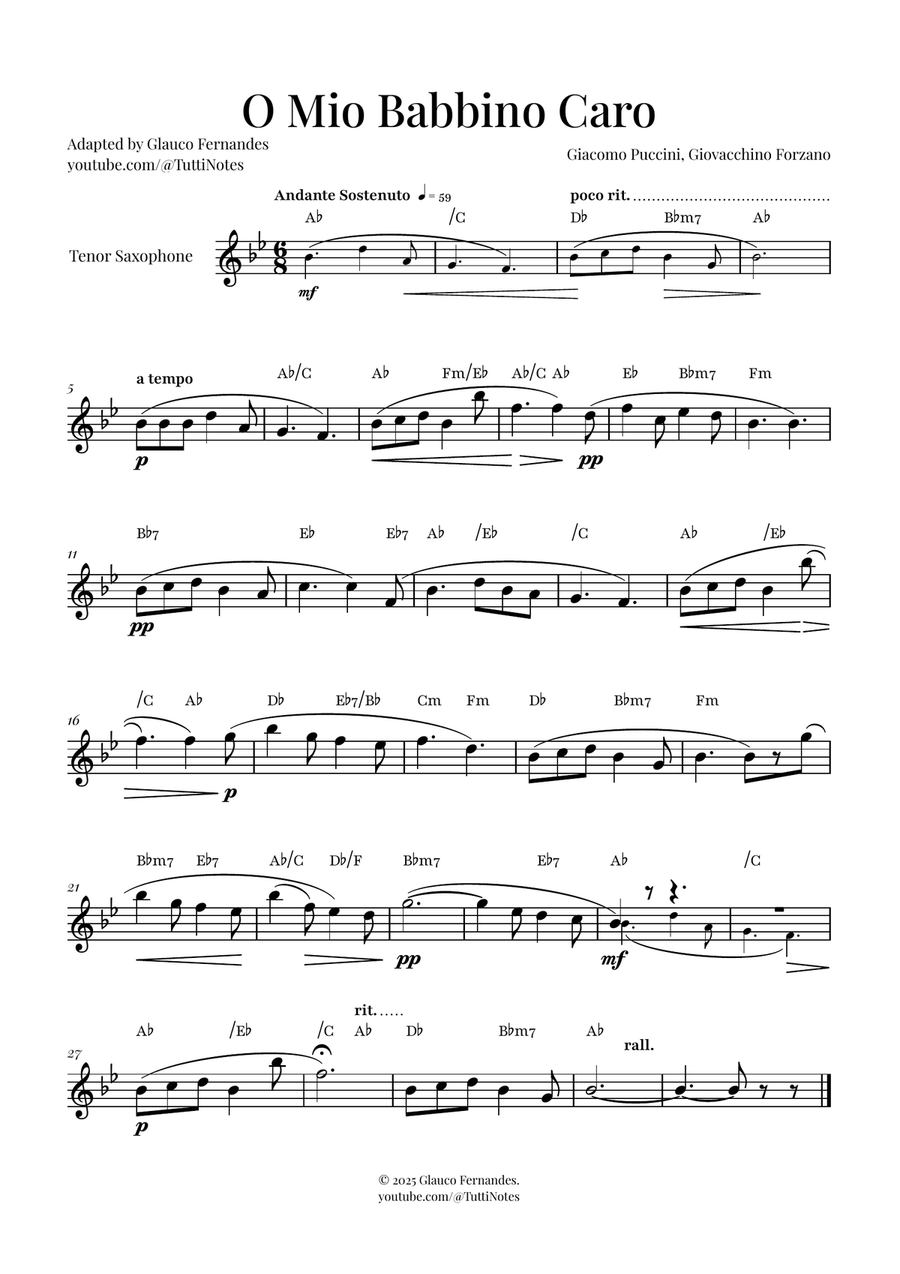 O Mio Babbino Caro | BEAUTIFUL Puccini Aria Tenor Saxophone scores gallery preview page 1