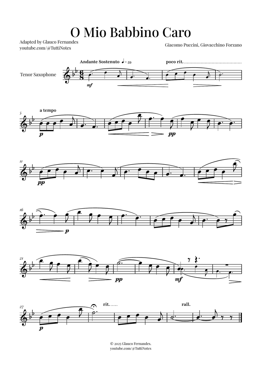 O Mio Babbino Caro | BEAUTIFUL Puccini Aria Tenor Saxophone scores gallery preview page 1