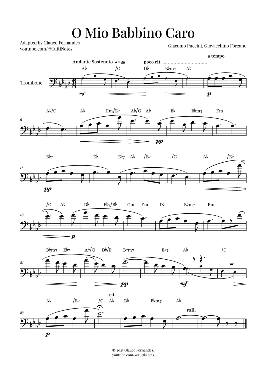 O Mio Babbino Caro | BEAUTIFUL Puccini Aria Trombone Solo scores gallery preview page 1
