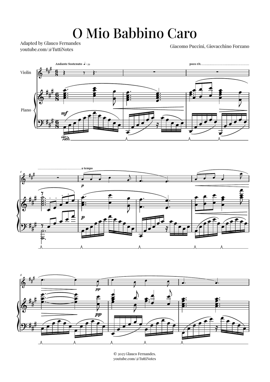 O Mio Babbino Caro | BEAUTIFUL Puccini Aria Violin Solo scores gallery preview page 1