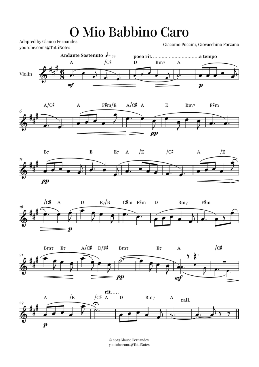 O Mio Babbino Caro | BEAUTIFUL Puccini Aria Violin Solo scores gallery preview page 1