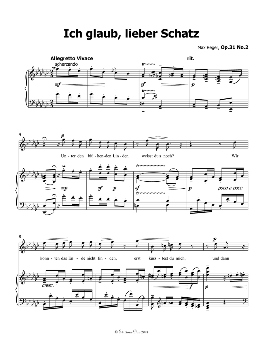 Ich glaub, lieber Schatz, by Reger, Op.31 No.2, in G flat Major Piano, Vocal scores gallery preview page 3