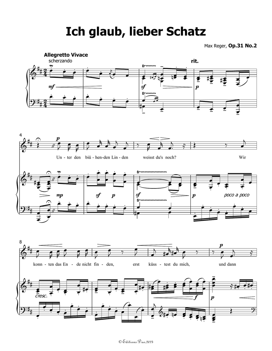 Ich glaub, lieber Schatz, by Reger, Op.31 No.2, in D Major Piano, Vocal scores gallery preview page 3