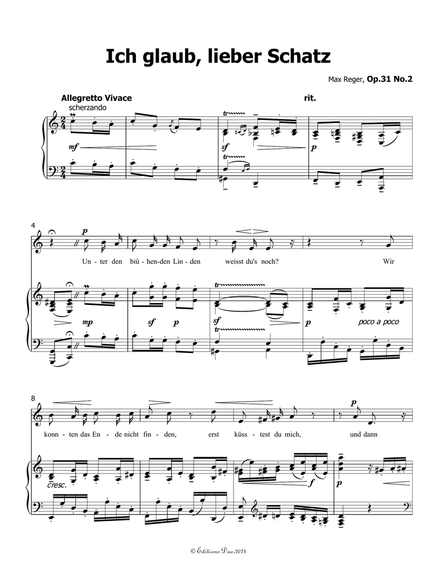 Ich glaub, lieber Schatz, by Reger, Op.31 No.2, in C Major Piano, Vocal scores gallery preview page 3