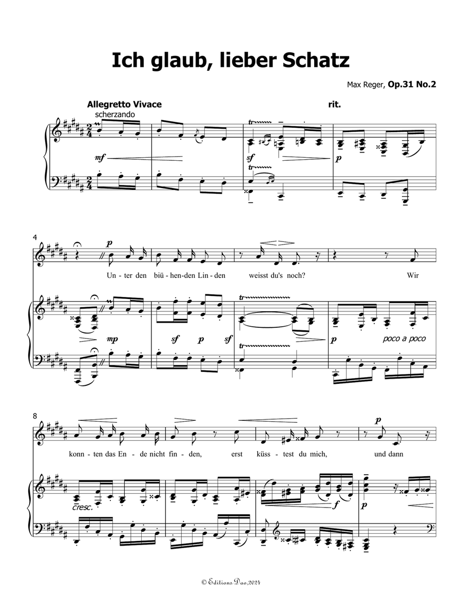 Ich glaub, lieber Schatz, by Reger, Op.31 No.2, in B Major Piano, Vocal scores gallery preview page 3