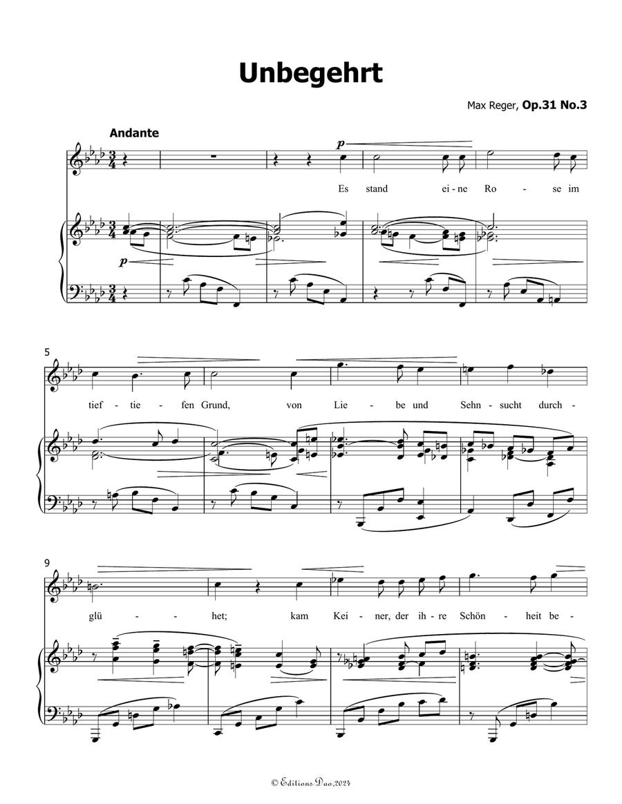 Unbegehrt, by Reger, Op.31 No.3, in f minor Piano, Vocal scores gallery preview page 3