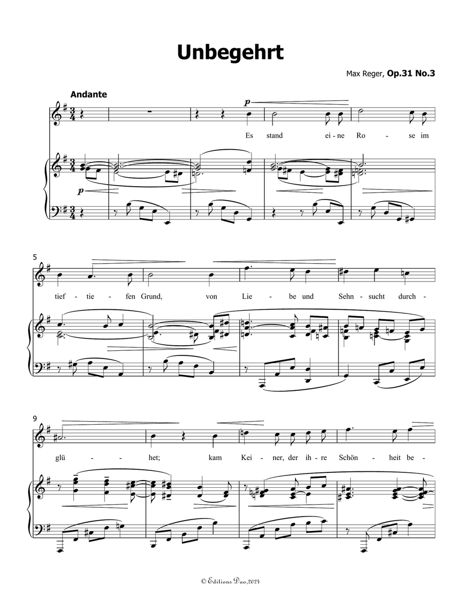 Unbegehrt, by Reger, Op.31 No.3, in e minor Piano, Vocal scores gallery preview page 3