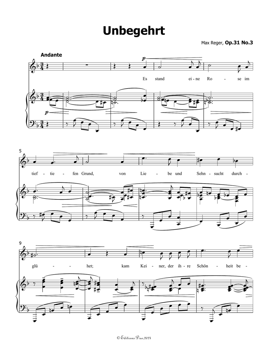 Unbegehrt, by Reger, Op.31 No.3, in d minor Piano, Vocal scores gallery preview page 3