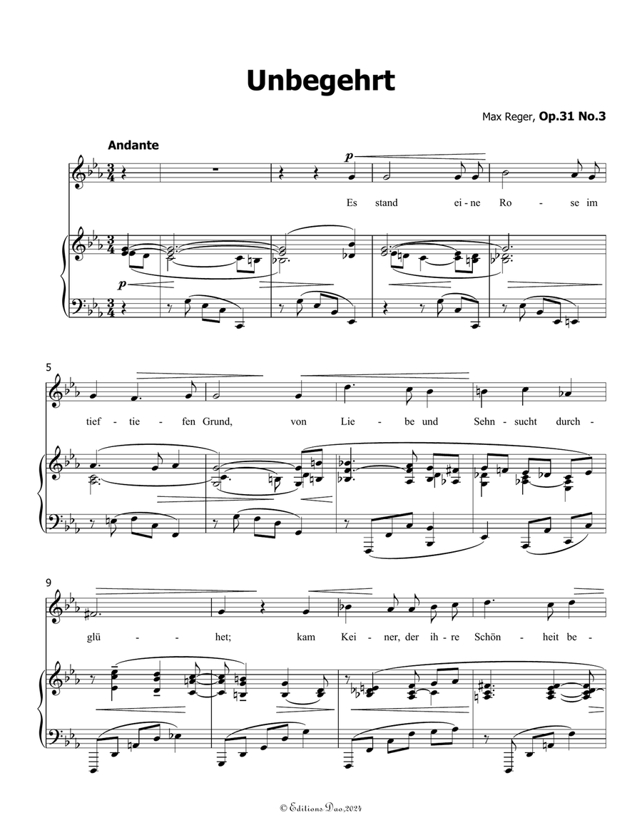 Unbegehrt, by Reger, Op.31 No.3, in c minor Piano, Vocal scores gallery preview page 3