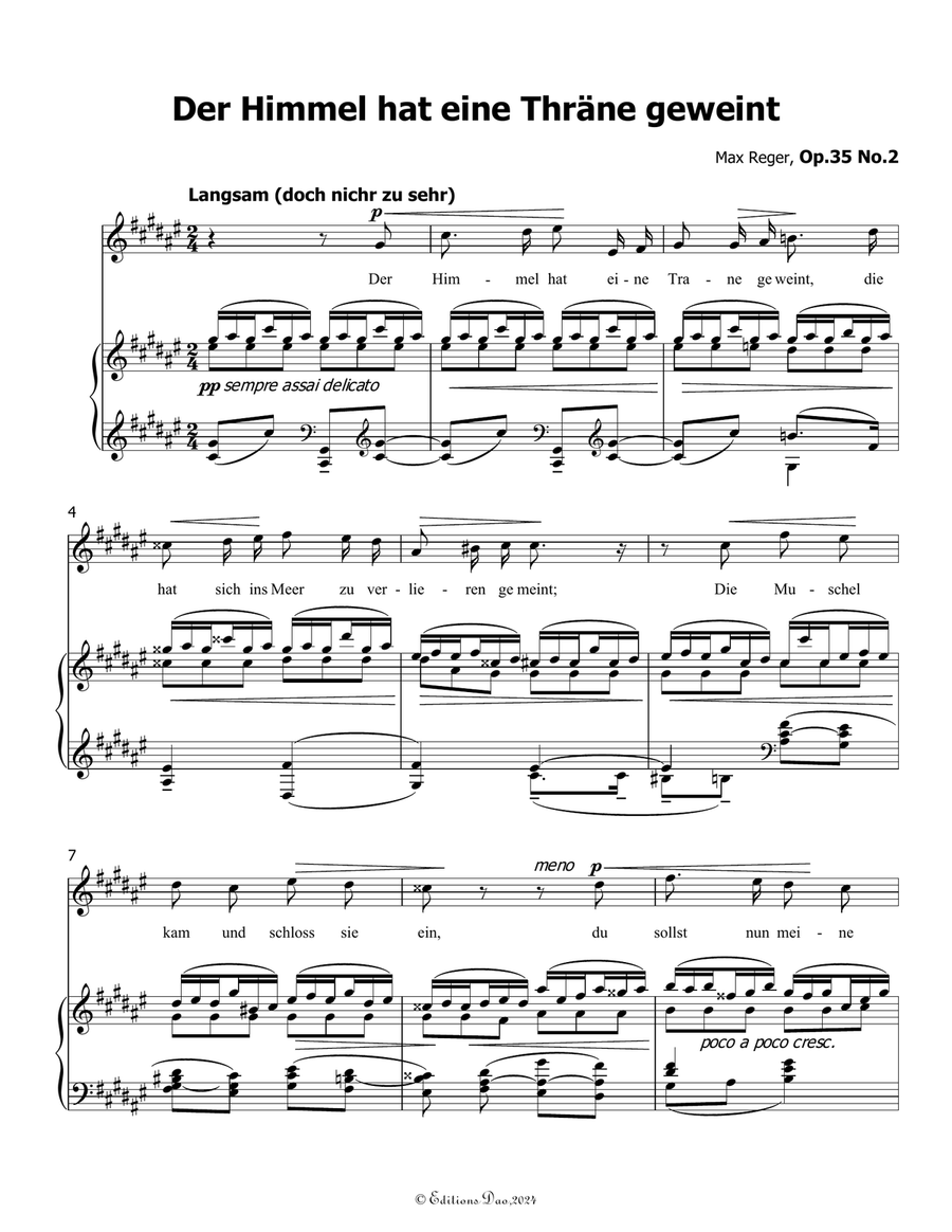 Der Himmel hat eine Thrane geweint, by Reger, Op.35 No.2, in F sharp Major Piano, Vocal scores gallery preview page 3