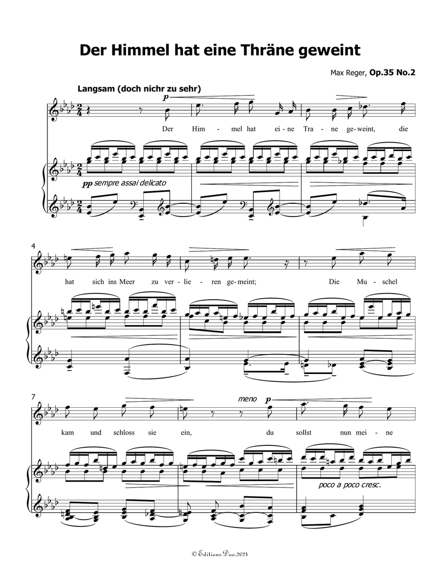Der Himmel hat eine Thrane geweint, by Reger, Op.35 No.2, in A flat Major Piano, Vocal scores gallery preview page 3