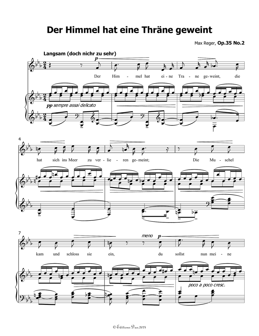 Der Himmel hat eine Thrane geweint, by Reger, Op.35 No.2, in E flat Major Piano, Vocal scores gallery preview page 3