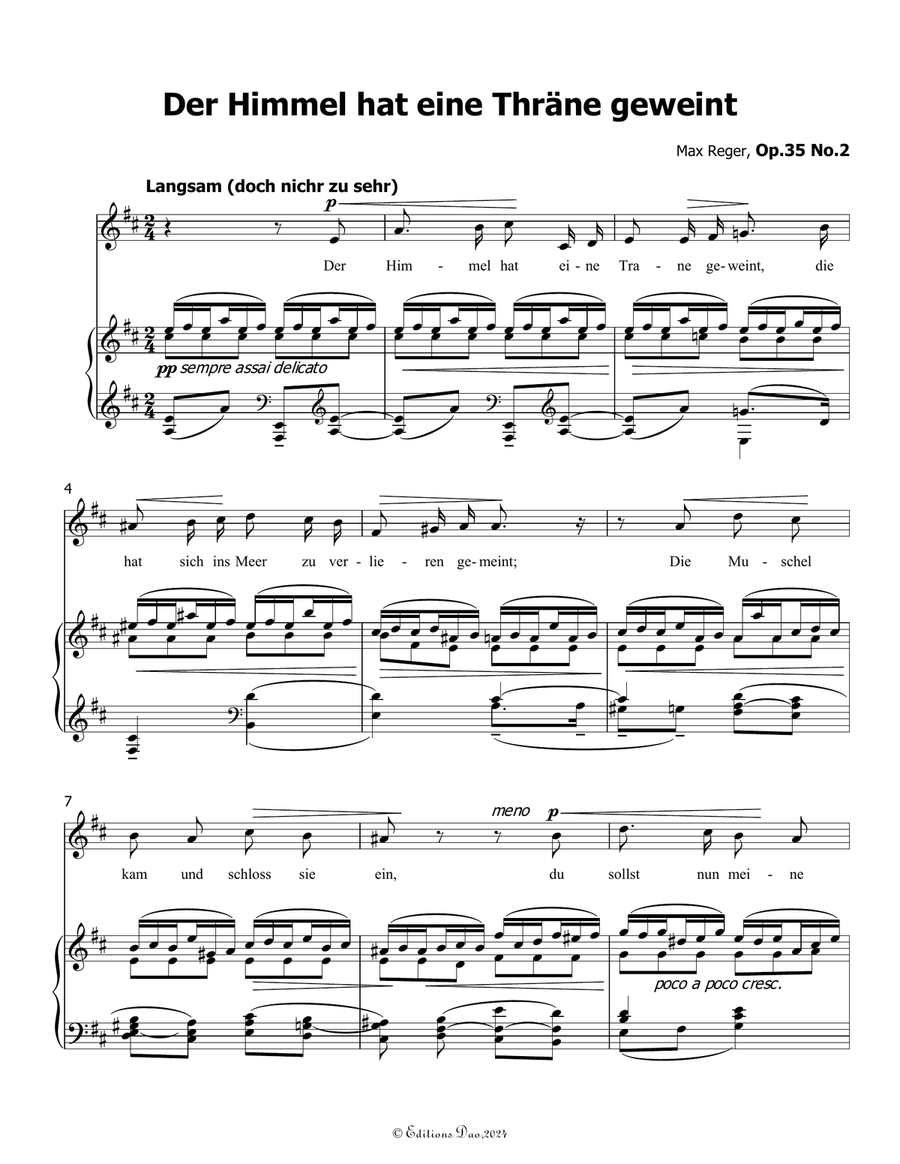 Der Himmel hat eine Thrane geweint, by Reger, Op.35 No.2, in D Major Piano, Vocal scores gallery preview page 3