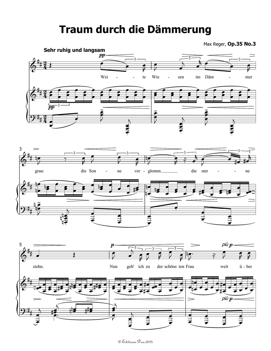 Traum durch die Dammerung, by Reger, Op.35 No.3, in D Major Piano, Vocal scores gallery preview page 3
