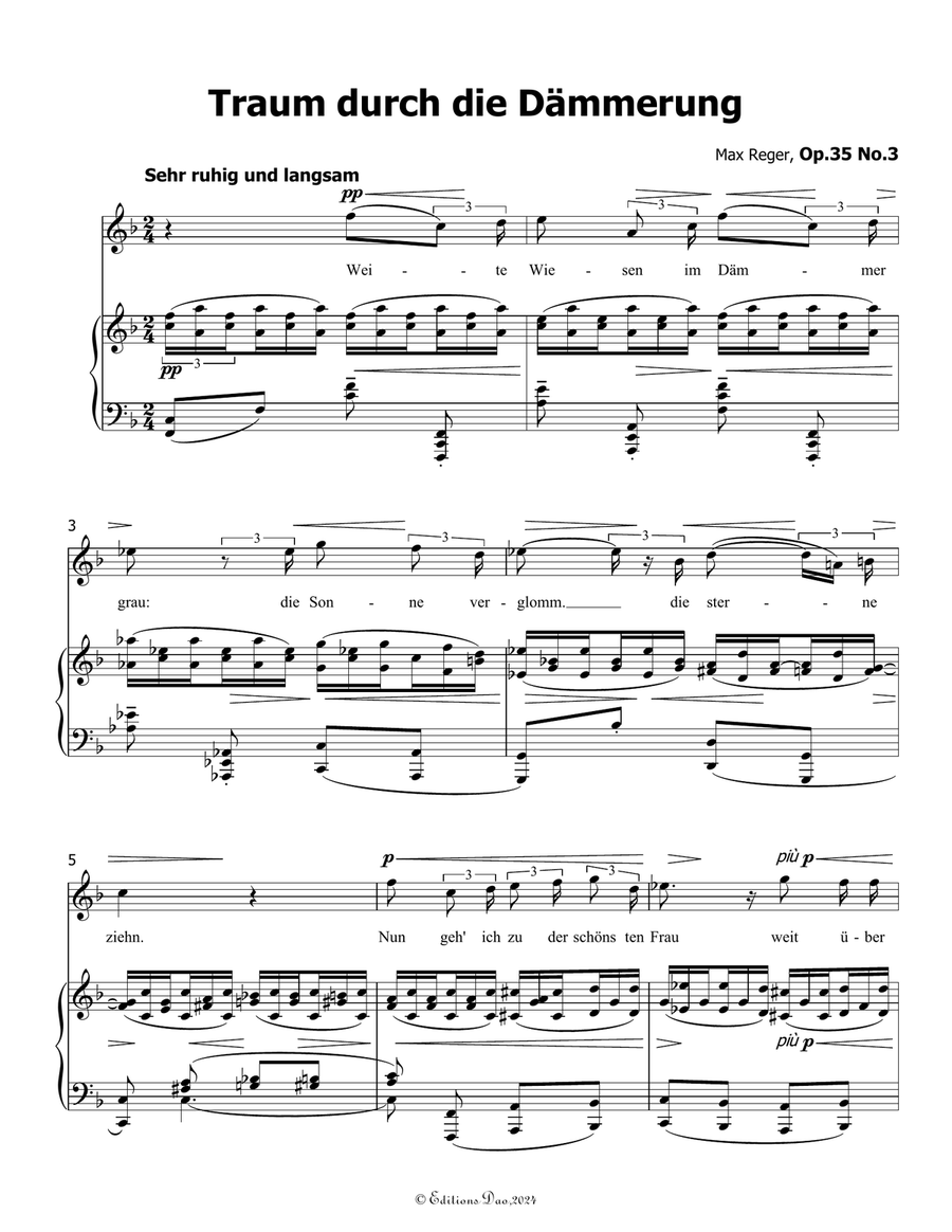 Traum durch die Dammerung, by Reger, Op.35 No.3, in F Major Piano, Vocal scores gallery preview page 3