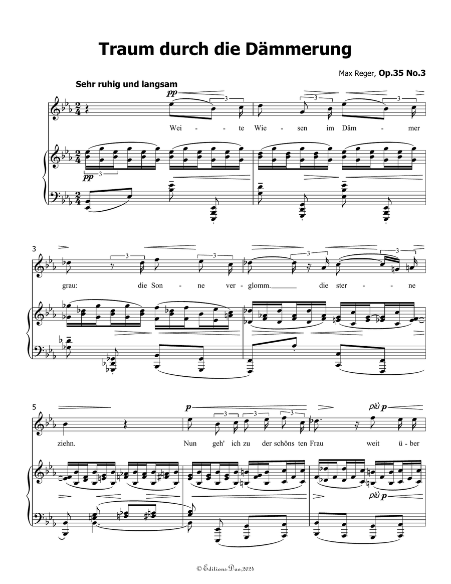 Traum durch die Dammerung, by Reger, Op.35 No.3, in E flat Major Piano, Vocal scores gallery preview page 3