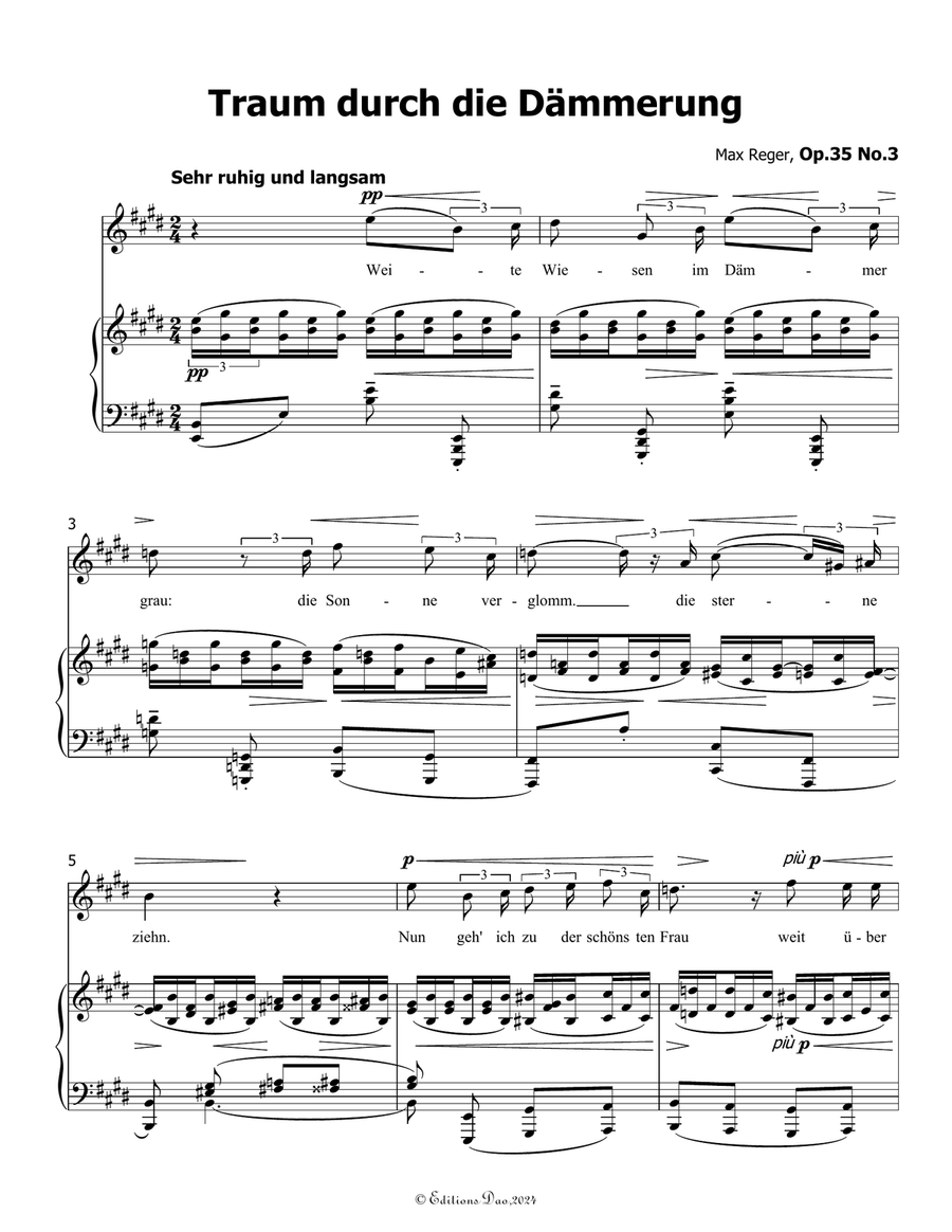 Traum durch die Dammerung, by Reger, Op.35 No.3, in E Major Piano, Vocal scores gallery preview page 3