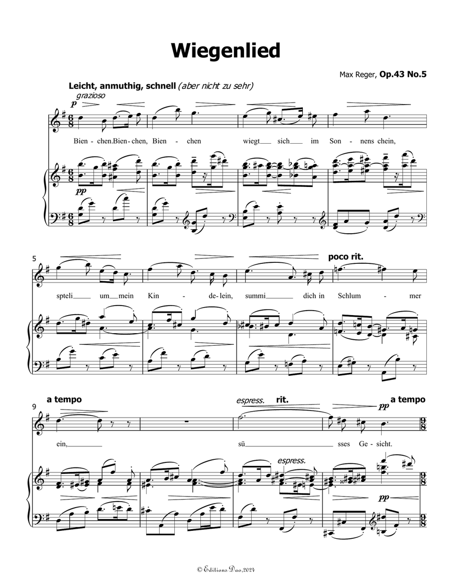 Wiegenlied, by Reger, Op.43 No.5, in G Major Piano, Vocal scores gallery preview page 3