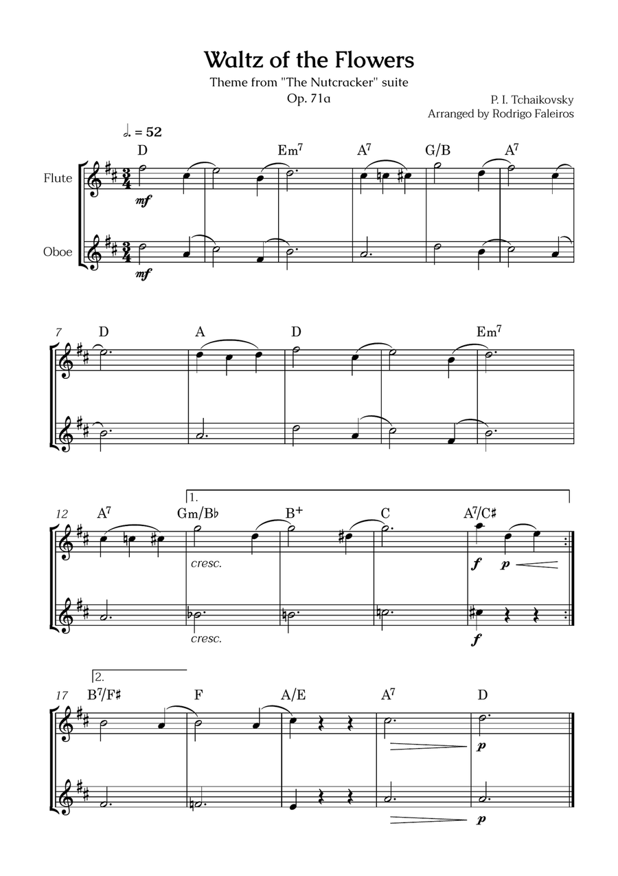 Waltz of the Flowers (flute and oboe) - for beginners (with chords) Woodwind Duet scores gallery preview page 1