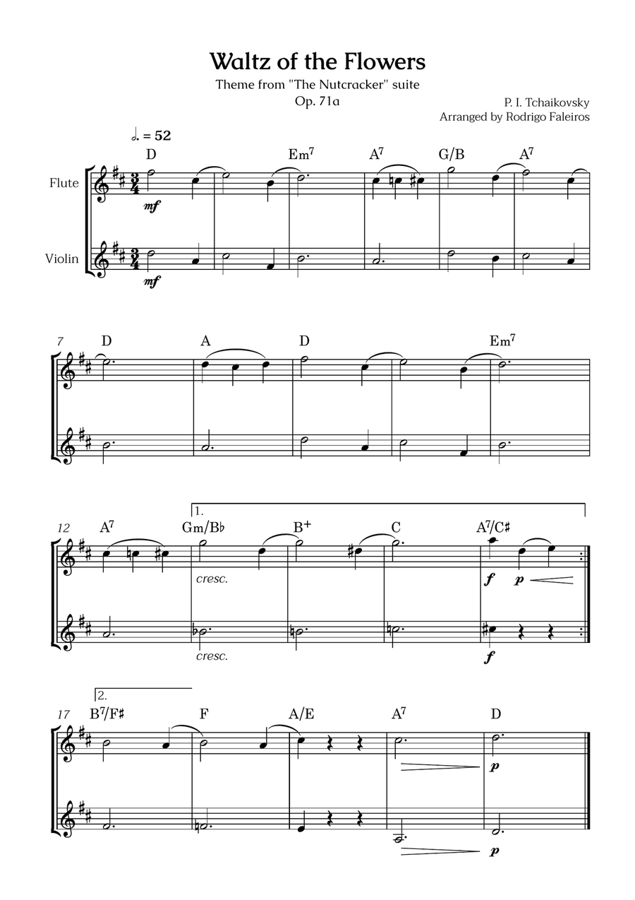 Waltz of the Flowers (flute and violin) - for beginners (with chords) Chamber Music scores gallery preview page 1