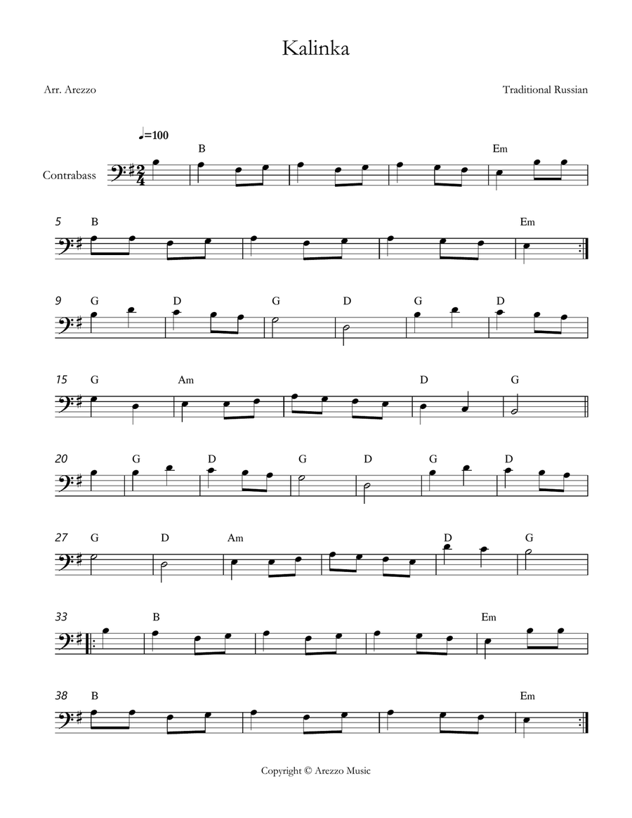 kalinka russian folk song String Bass lead sheet chords symbols Chamber Music scores gallery preview page 1