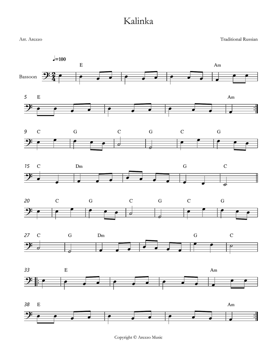 kalinka russian folk song Bassoon lead sheet chords symbols Chamber Music scores gallery preview page 1