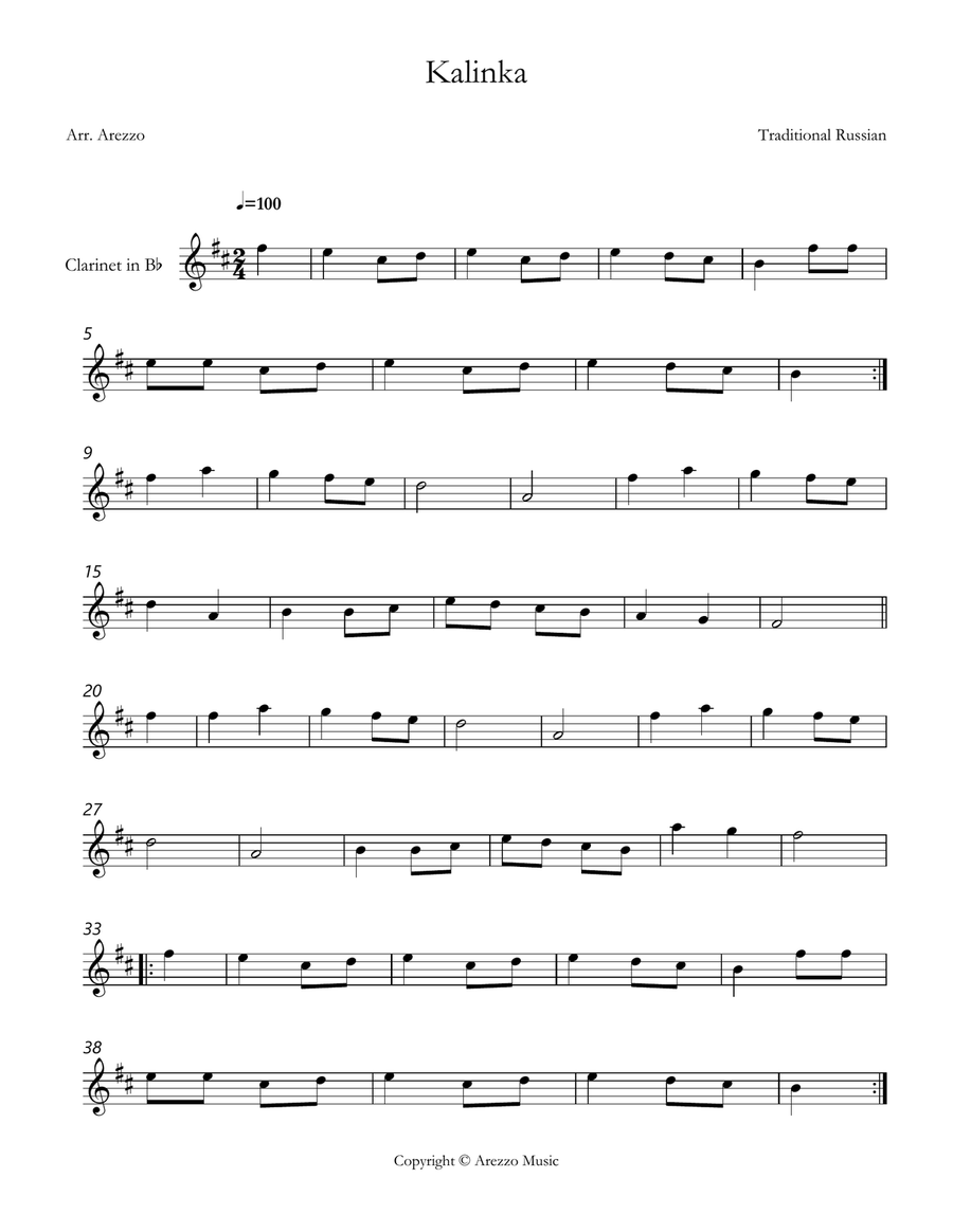 kalinka russian folk song Clarinet lead sheet Chamber Music scores gallery preview page 1