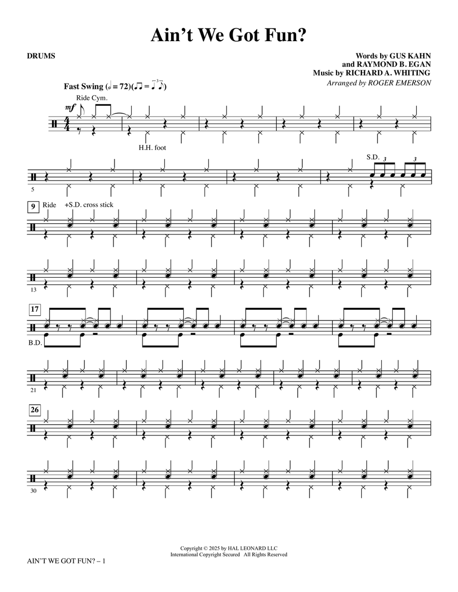 Ain't We Got Fun? (arr. Roger Emerson) - Drums Choir scores gallery preview page 1