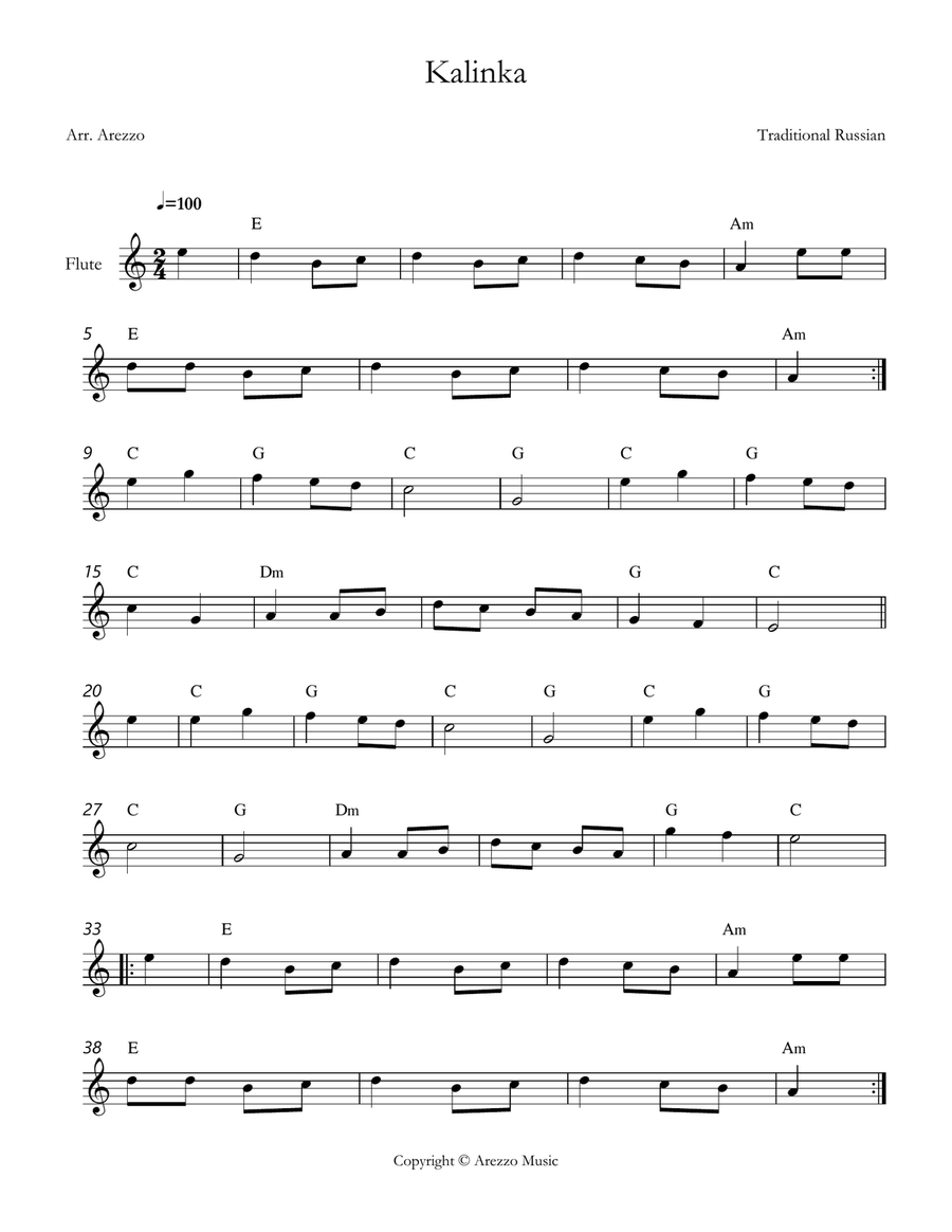 kalinka russian folk song Flute lead sheet chords symbols Chamber Music scores gallery preview page 1