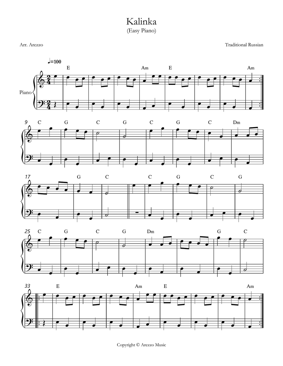 kalinka russian folk song easy piano sheet music with chords symbols Chamber Music scores gallery preview page 1