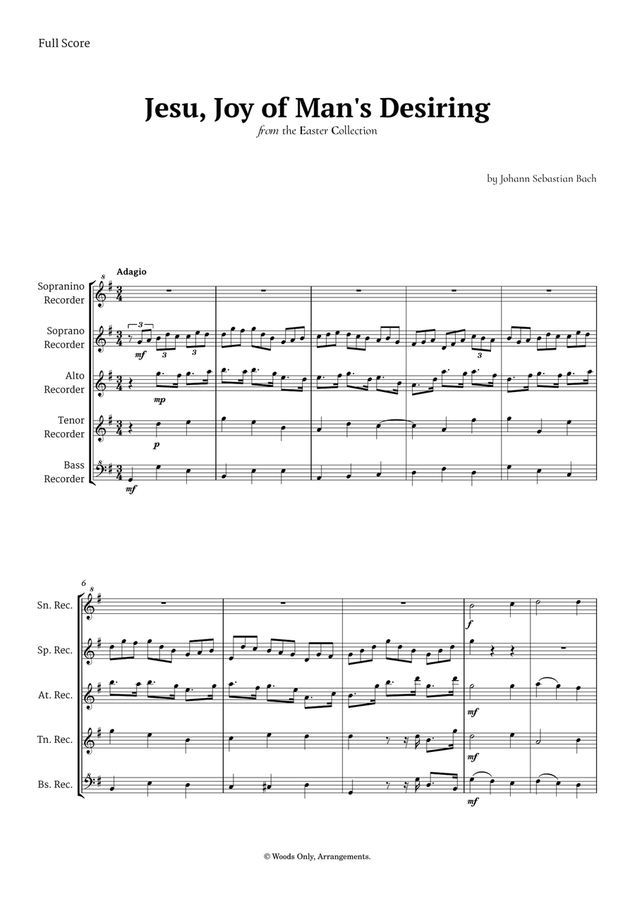 Jesu, Joy of Man's Desiring by Bach for Recorder Quintet Chamber Music scores gallery preview page 1