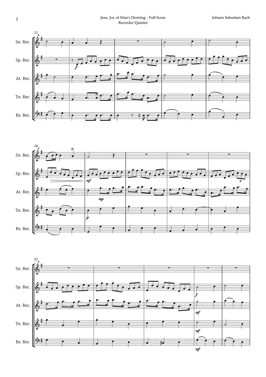 Jesu, Joy of Man's Desiring by Bach for Recorder Quintet Chamber Music scores gallery preview page 2