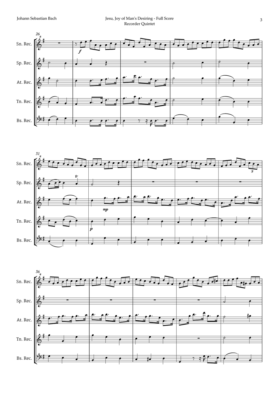 Jesu, Joy of Man's Desiring by Bach for Recorder Quintet Chamber Music scores gallery preview page 3