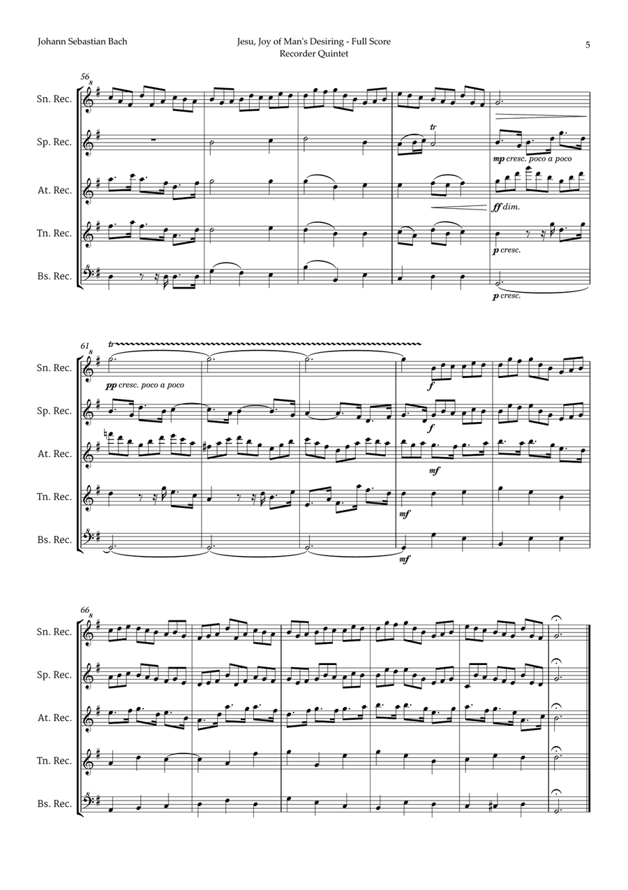 Jesu, Joy of Man's Desiring by Bach for Recorder Quintet Chamber Music scores gallery preview page 5