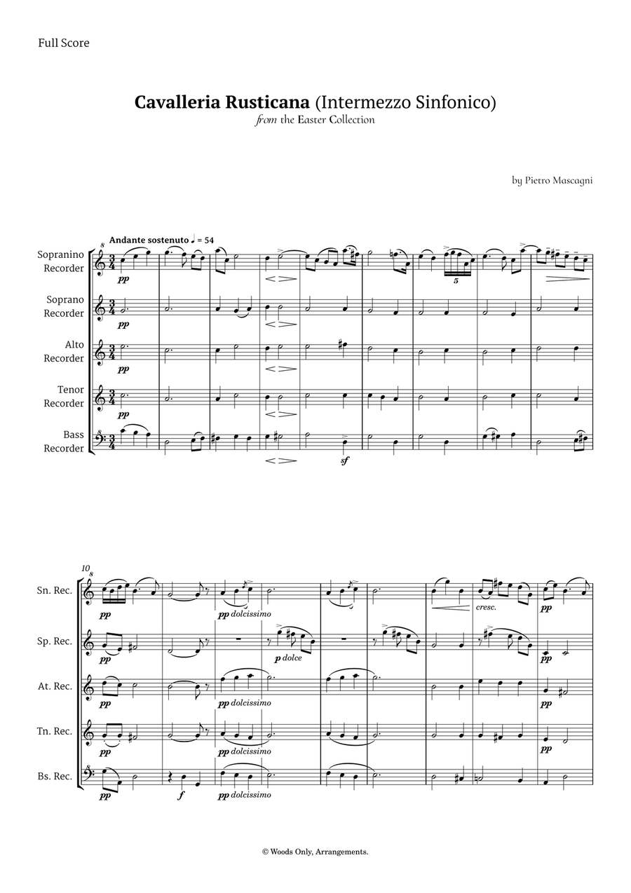 Intermezzo Sinfonico by Pietro Mascagni for Recorder Quintet Chamber Music scores gallery preview page 1