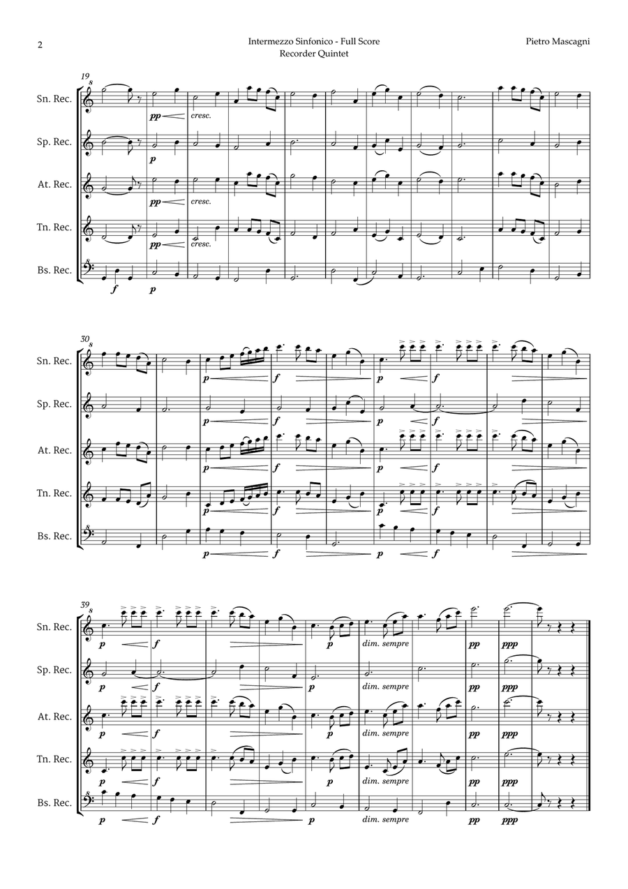 Intermezzo Sinfonico by Pietro Mascagni for Recorder Quintet Chamber Music scores gallery preview page 2