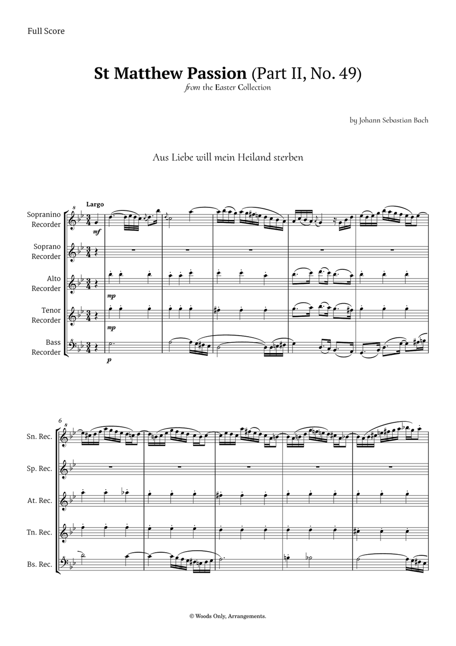 Aus Liebe will mein Heiland sterben by Bach for Recorder Quintet Chamber Music scores gallery preview page 1