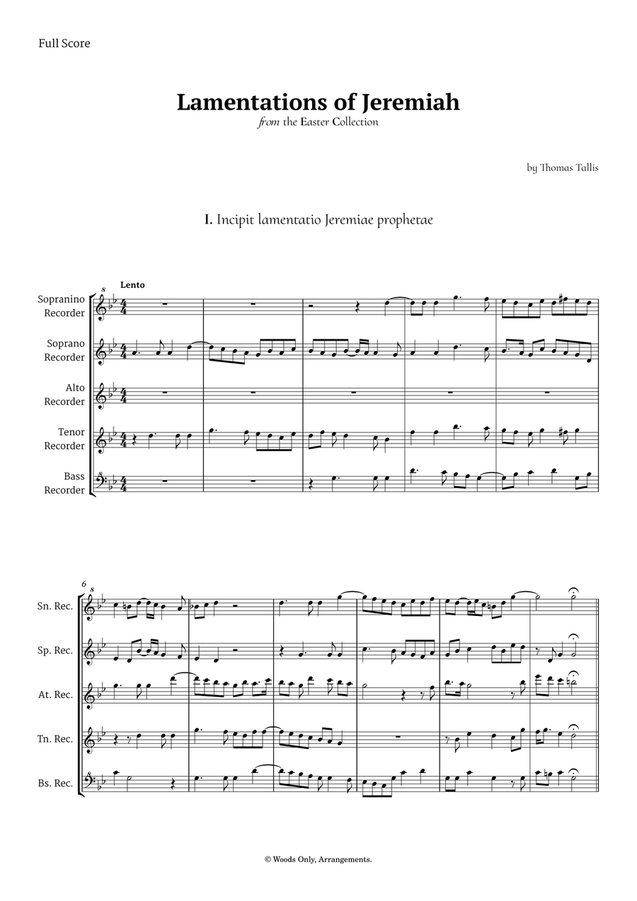 Lamentations of Jeremiah by Thomas Tallis for Recorder Quintet Chamber Music scores gallery preview page 1