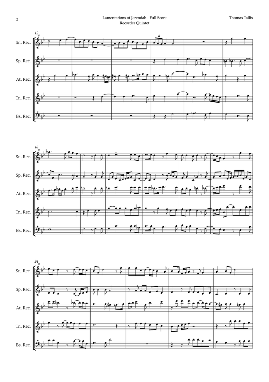 Lamentations of Jeremiah by Thomas Tallis for Recorder Quintet Chamber Music scores gallery preview page 2