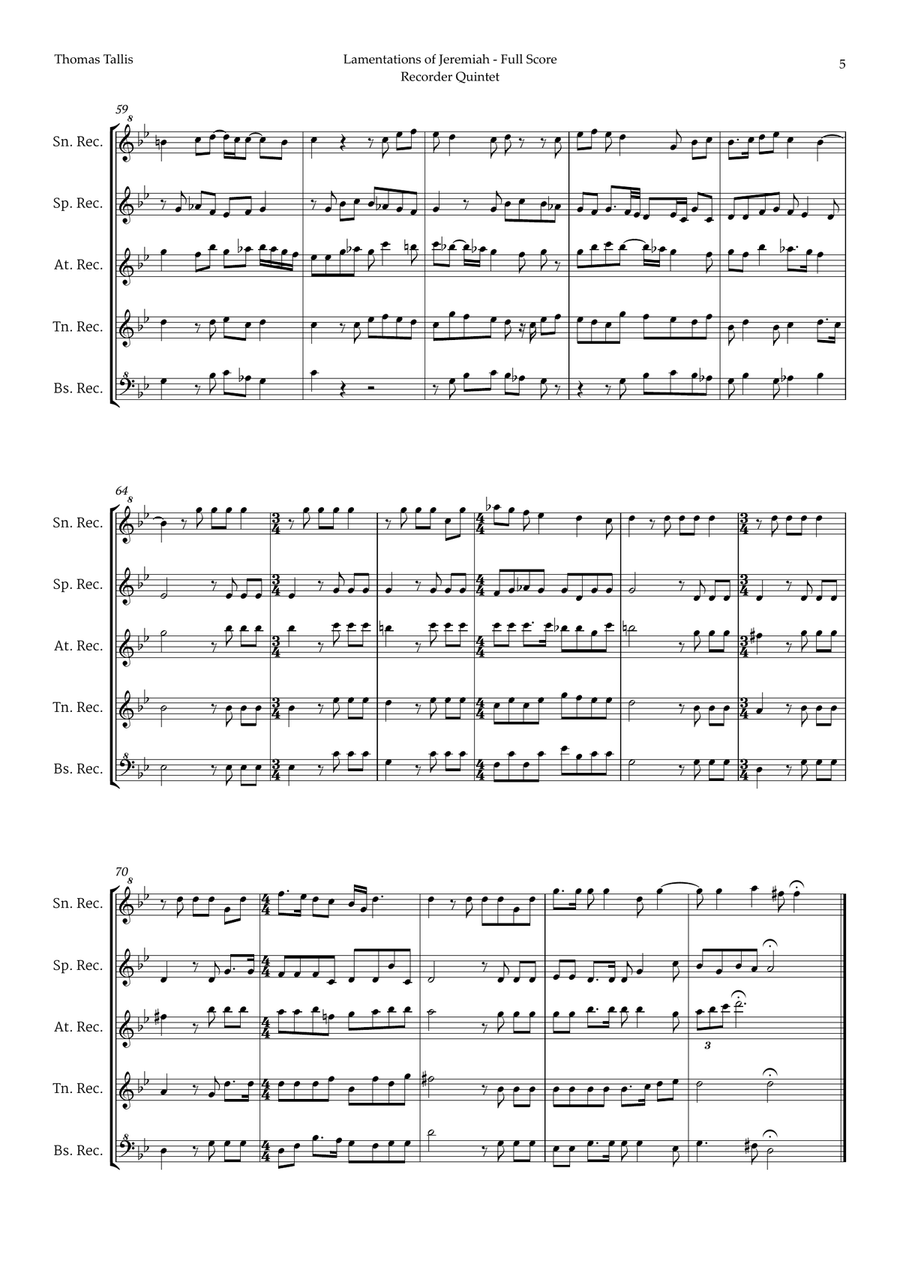 Lamentations of Jeremiah by Thomas Tallis for Recorder Quintet Chamber Music scores gallery preview page 5
