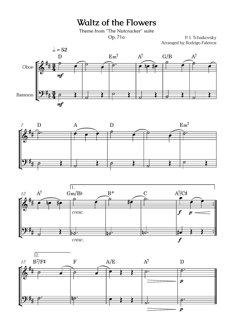 Waltz of the Flowers (oboe and bassoon) - for beginners (with chords) Woodwind Duet scores gallery preview page 1