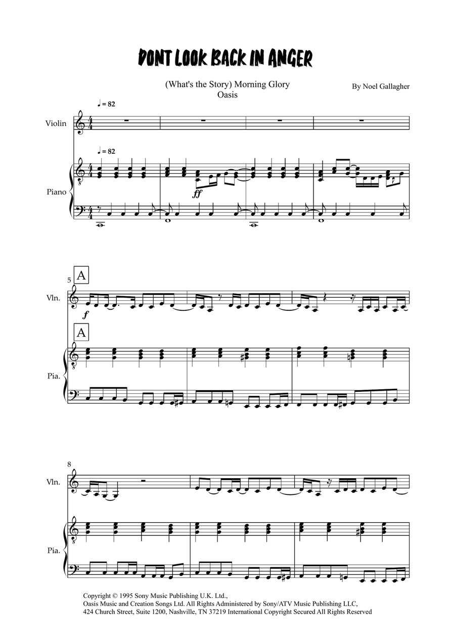 Don't Look Back In Anger Don't Look Back In Anger Violin Solo scores gallery preview page 1