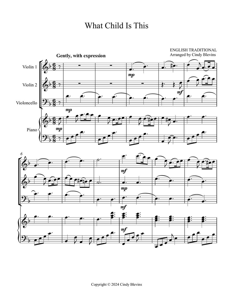 What Child Is This, for Two Violins, Cello ad Piano Piano Quartet scores gallery preview page 2