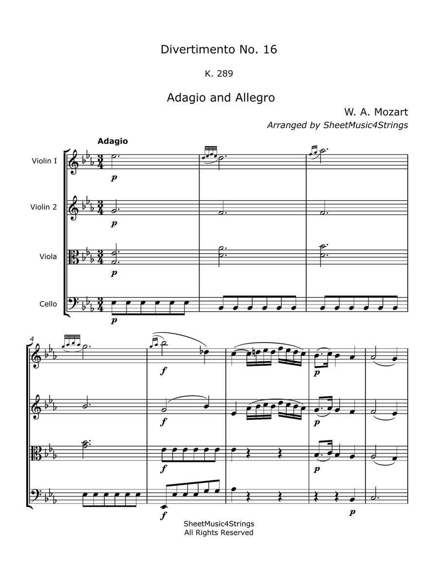 Mozart, W. A. - Divertimento No. 16, K. 289 Arranged for String Quartet String Quartet scores gallery preview page 2