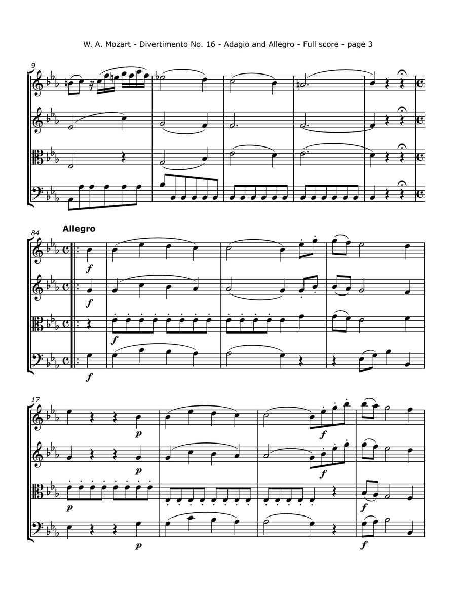Mozart, W. A. - Divertimento No. 16, K. 289 Arranged for String Quartet String Quartet scores gallery preview page 3