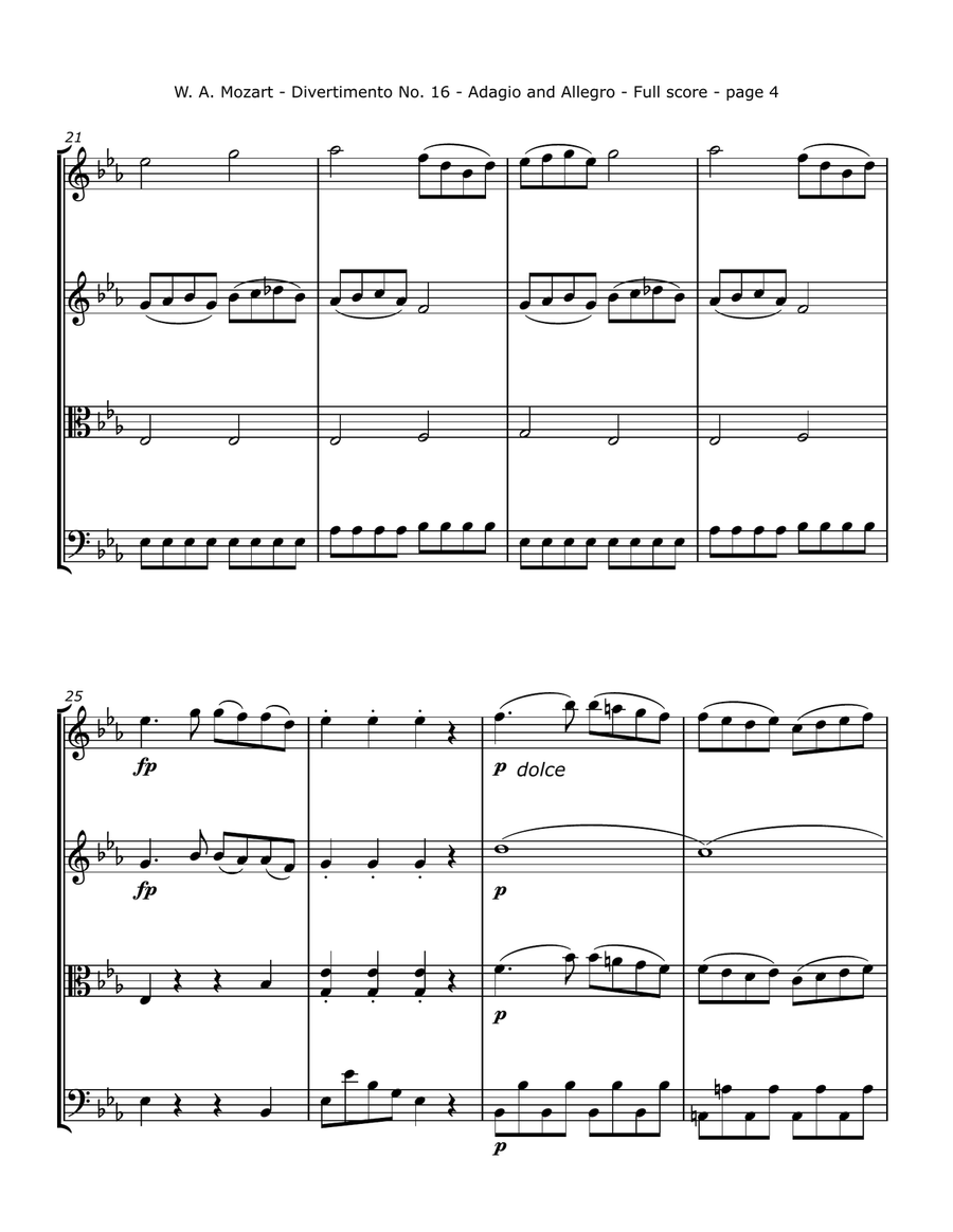 Mozart, W. A. - Divertimento No. 16, K. 289 Arranged for String Quartet String Quartet scores gallery preview page 4