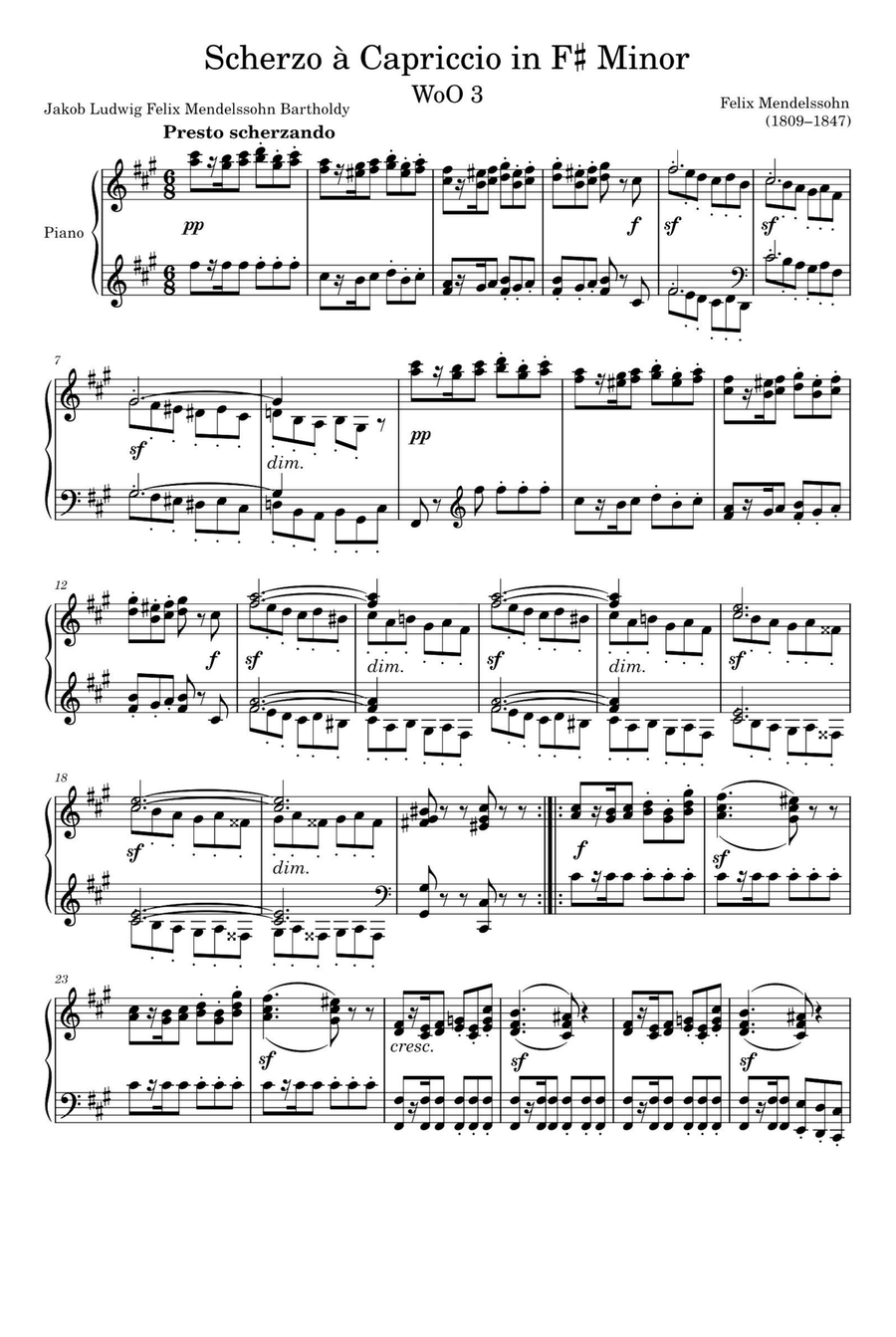 Scherzo à Capriccio WoO 3 in F♯ Minor - Felix Mendelssohn Piano Solo scores gallery preview page 1