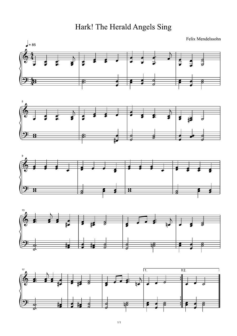 Hark! The Herald Angels Sing - Felix Mendelssohn Easy Piano scores gallery preview page 1